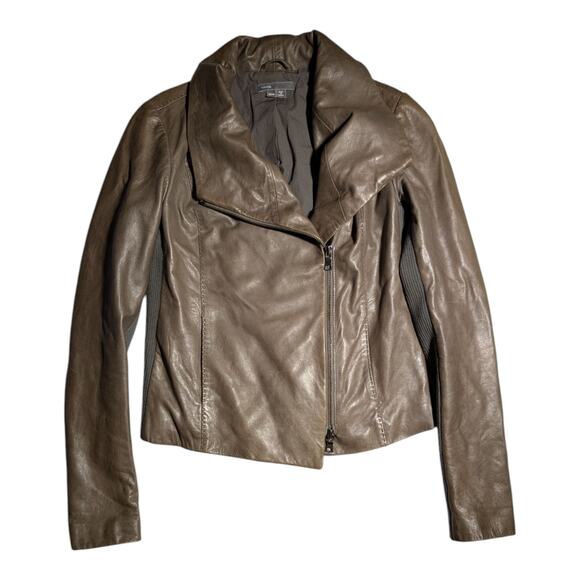 Vince Taupe Brown Scuba Leather Asymmetrical Zip Moto Biker Jacket Sz XS $995 - Picture 1 of 7